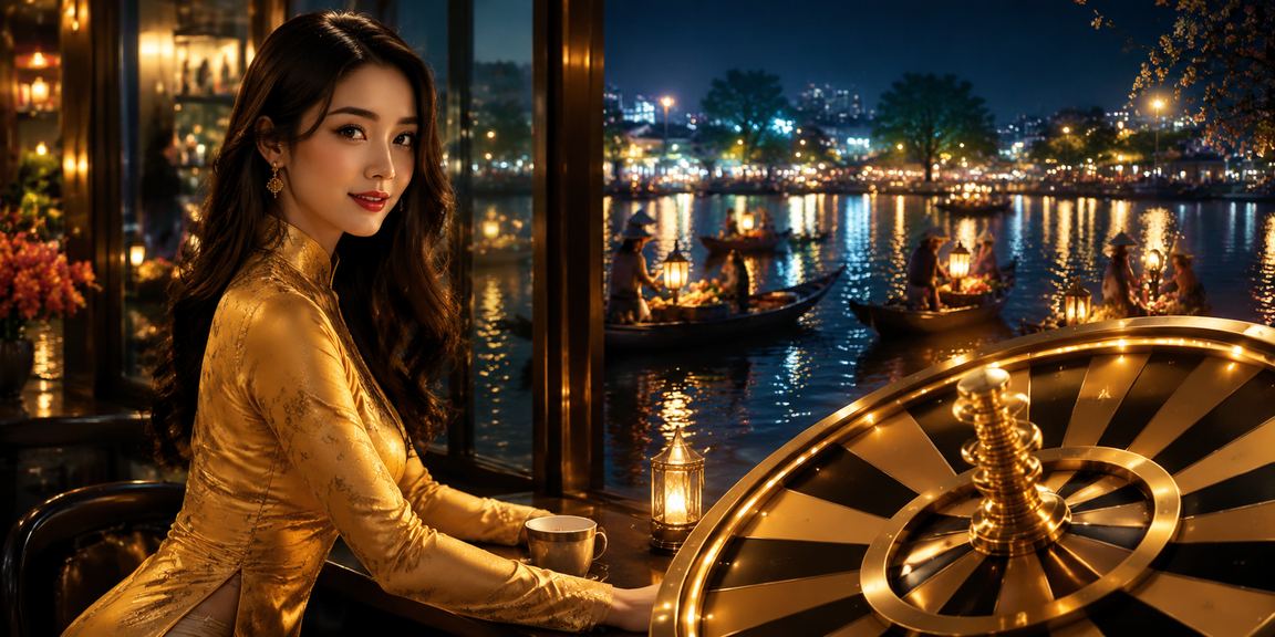 Người phụ nữ mặc áo dài Hà Nội tham gia trò chơi roulette trực tuyến trong không gian hiện đại