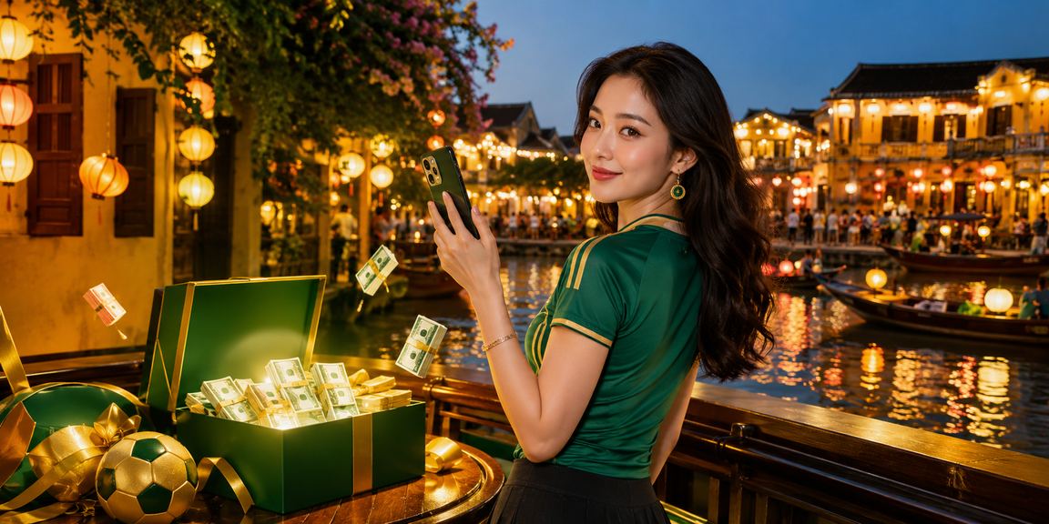 Người dùng tại Hội An dùng điện thoại truy cập a1k casino ban đêm dưới ánh đèn lồng